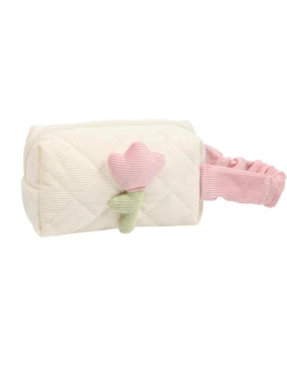 White & Pink Floral Makeup Bag – Plush Tulip Flower Toiletry Bag with Handle, Cu